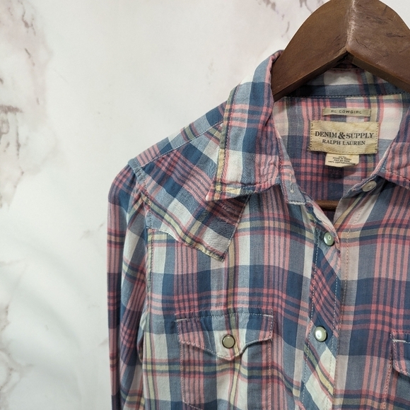 Ralph Lauren Top Women Medium Pink Blue Denim Supply Plaid Button Cowgirl Pearl - Picture 2 of 12